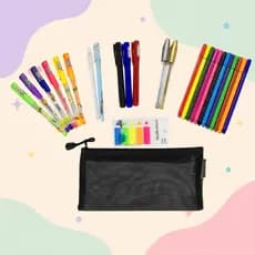 Kit Papelaria Completo 25 Canetas, 1 Estojo Escolar Telado E Brinde Super Fofo
