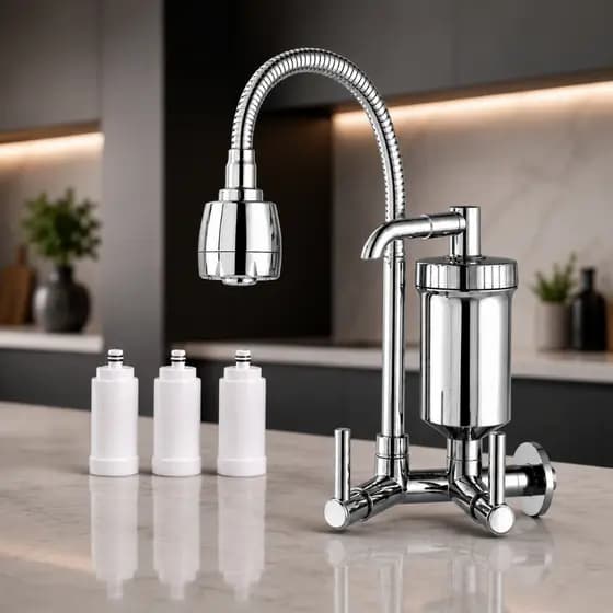 Torneira Com Filtro Gourmet Parede Cozinha Cromada 1/4 De Volta Bica Flexível Duplo Jato Giro 360° Refil Incluso