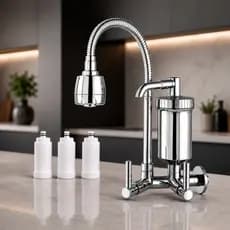 Torneira Com Filtro Gourmet Parede Cozinha Cromada 1/4 De Volta Bica Flexível Duplo Jato Giro 360° Refil Incluso