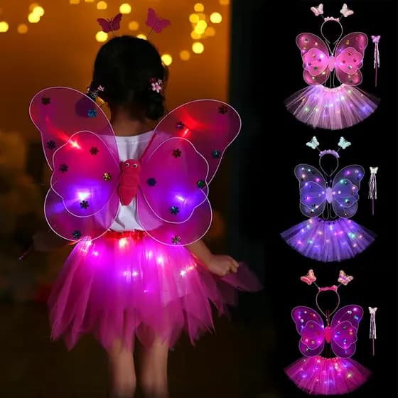 Kit Fada LED Saia + Tiara + Asa + Varinha Pisca Pisca Fantasia Festa Carnaval Infantil Adulto Festa Evento