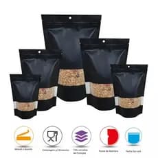 Embalagem Saco Stand Up Pouch Preto Com Visor Zip Lock C/50 Diversos Tamanhos Fosco