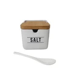 Saleiro Em Porcelana Branco Manhattan Com Colher E Tampa Em Bambu 270ml