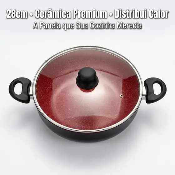 Panela Antiaderente Caçarola Wok Preta Alumínio Com Tampa Vidro 28 Centímetros 3,8 Litros Cozinha