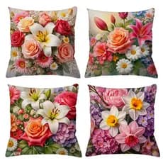 Kit c/ 4 Capas Almofada Floral Colorida Flores Vivas Decorativa Sala Sofá Estampa Luxo Zíper Invisível Moderna