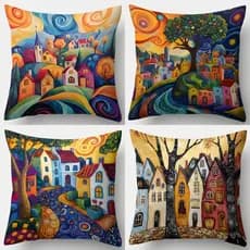 Kit c/ 4 Capas Almofada Estilo Pintura Arte Decorativa Estampa Moderna Sala Estampa Luxo Zíper Invisível Casa Moderna