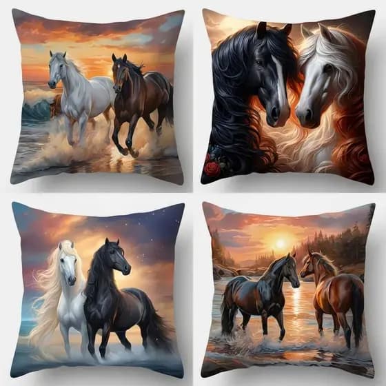 Kit c/4 Capa de Almofada 45x45 Country Cavalo Fazenda Decorativa Rústica Sertaneja Sala Sofá Quarto Luxo Zíper Invisível