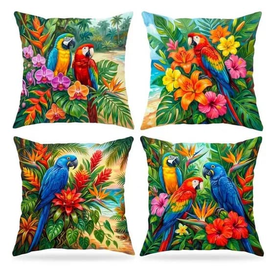 Kit c/ 4 Capas Almofada 45x45 Araras Coloridas Pássaros Tropicais Decorativa Sala Sofá Natureza Luxo Zíper Invisível