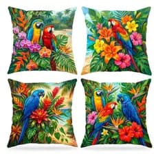 Kit c/ 4 Capas Almofada 45x45 Araras Coloridas Pássaros Tropicais Decorativa Sala Sofá Natureza Luxo Zíper Invisível
