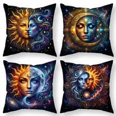 Kit 4 Capas de Almofada Decorativa 45x45 Modern Print Sala Sofá Quarto Capa Estampada Lua Sol Místico Cosmos Premium