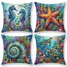 Kit c/ 4 Capas Almofada Decorativa Oceano Mar Coral Estampa Print Moderna Sala Sofá Estampa Luxo Zíper Invisível Moderna