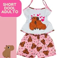 Pijama feminino adulto alcinha da capivara Verão Roupa de dormir Baby Doll Short Dool