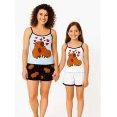 kit 1 pijama mãe + 1 filha baby doll feminino infantil capivara adulto tal mãe tal filha ALCINHA
