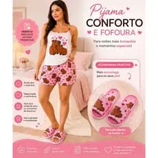 kit pijama feminino adulto alcinha + pantufa capivara rosa personagens de quarto chinelinho