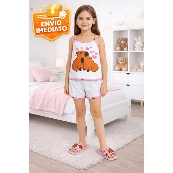 Kit 1 pijama infantil feminino + 1 pantufa de quarto capivara short doll Baby  dool