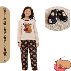 Kit 1 pijama infantil feminino longo + 1 pantufa infantil chinelinho de quarto inverno Pijama de Calça Capivara