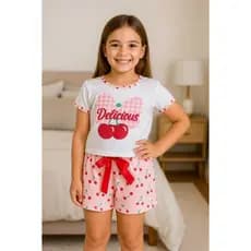 Pijama Infantil feminino  cerejinha laçiinho Short e cropped Manga Curta Baby dool short doll Verão