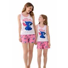 Kit 1 pijama feminino adulto + 1 pijama infantil mãe e filha tal mãe tal filha stitch short dool roupa de dormir