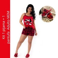 Kit 1 pijama adulto feminino de alcinha + 1 pantufa feminina MEM personagens baby dool roupa de dormir chinelinho
