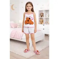 Kit 5 conjuntos de pijama + 5 pantufas infantil feminina capivara rosa festa do pijama short dool