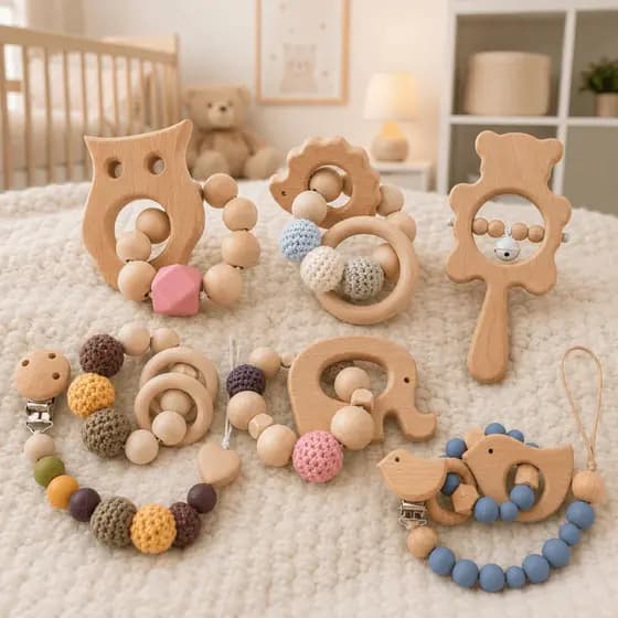 Mordedor Montessori Madeira Natural e Silicone Com Contas De Madeira