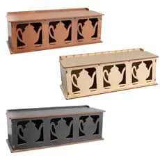 Porta Sachê para Chá Com 3 Divisória Mdf Bule Decoração Artesanal 8,5x10x25 Cru Marrom Preto