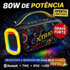 Caixa de Som Bluetooth 80W XTRAD RGB Portátil IPX5 USB TF Auxiliar Grave Potente