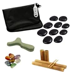 Kit 12 Pedras de massagem vulcânicas basalto + Pantala + Bambu + Bolsa Térmica aquecer + Chakras