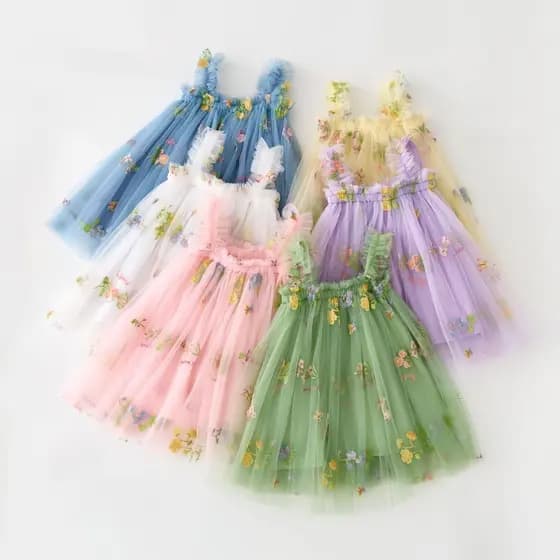 Bordado Flor Gaze Infantil Vestido De Verão Cor Sólida Suspender Sling Elegante Baby Girl 3M-5T Roupa Casual