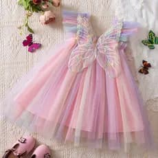 Vestido De Verão Para Meninas Manga Bufante Aniversário Rainbow Pink Fairy Butterfly Tulle Princess