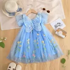 1-5 BabyGirl Verão Fio Leve Vestido Doce Bordado Flor Bonito Asas De Borboleta Festa De Aniversário Estilingue