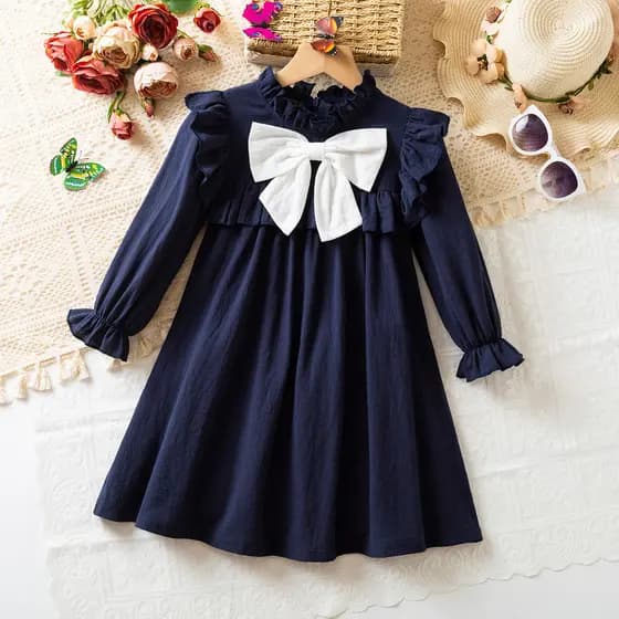 Meninas Vestido De Aniversário Minimalista Cor Sólida Outono Inverno Novo 3-8 Anos Mangas Compridas Arco Estilo Britânic