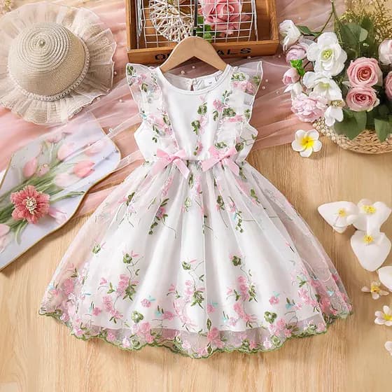 Verão Nova Flor Bordado Vestido 3-8 Anos De Idade Doce Menina De Festa De Aniversário Sem Mangas Arco Casual Das Criança