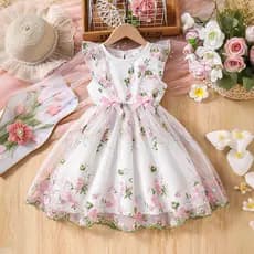 Verão Nova Flor Bordado Vestido 3-8 Anos De Idade Doce Menina De Festa De Aniversário Sem Mangas Arco Casual Das Criança