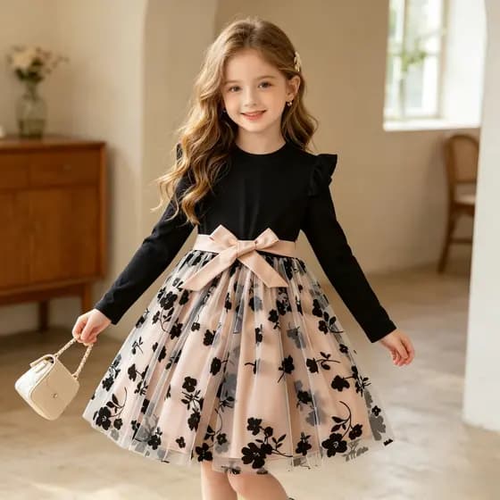 Vestidos Infantis Para Meninas , Mangas Compridas , Rendas , Vestido De Aniversário De 3 A 8 Anos , Flores Pretas , Bord