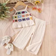 Bebê Menina Elegante Floral Bordado Estilingue Topo Calças De Perna Larga Conjunto De Duas Peças 9 Meses-3 Anos De Idade