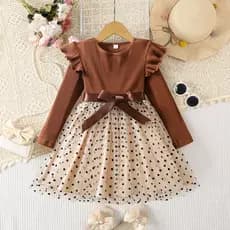 Crianças 3-8 Anos Meninas Vintage Polka Dot Tule Vestido De Manga Longa Malha Plissado Topo Arco Cintura Bonito Doce Pri