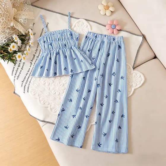 3-8 Anos De Idade Meninas Azul Branco Listrado Arco Impresso Camisola Colete + Calças De Perna Larga Conjunto De Duas Pe