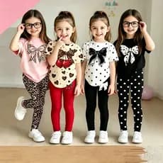 Conjunto De Roupas De Verão Para Meninas , Lindo Laço , Bolinhas , Estampa , Manga Curta , Camiseta , Leggings Elásticas