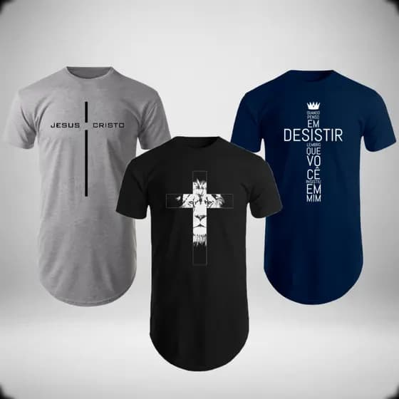 Kit 3 Camiseta Masculina Gospel Long line oversized Swag Manga Curta Algodão Cristã slim Evangélica