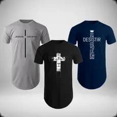 Kit 3 Camiseta Masculina Gospel Long line oversized Swag Manga Curta Algodão Cristã slim Evangélica