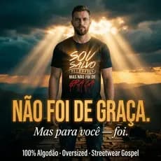 Camiseta Masculina Longline oversized Swag Básica Estampa Salvo Pela Graça Algodão Gospel Slim