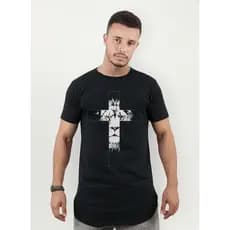 Camiseta Masculina Estampada Leão Cruz Gospel Long line oversized Swag Básica Evangélica Algodão