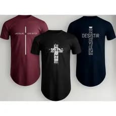 Kit 3 Camiseta Masculina Gospel Cristã Longline 100% Algodão Premium Macio