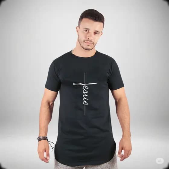 Camiseta Masculinas Gospel Long line oversized Swag Básica Evangélica Manga Curta Algodão Cristã