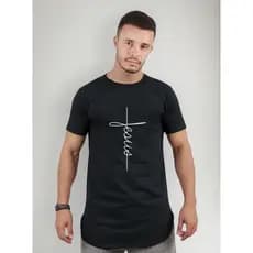 Camiseta Masculinas Estampada Gospel Long line oversized Swag Básica Evangélica Manga Curta Algodão