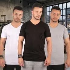 Kit 3 Camiseta Masculina Gola V Baratas Algodão Moderna Slim