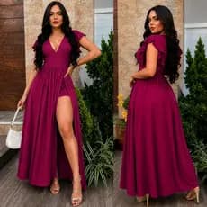 Vestido Longo Decote V com Fenda, Manga Babado e short puro luxo