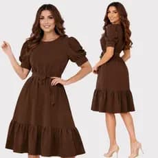 Vestido Para Moda Evangelica De Babado, Saia Rodada E Manga Bufante