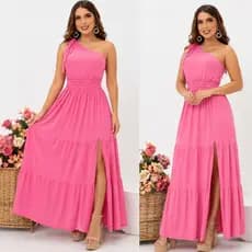 Vestido Adulto Ombro Só  Detalhe Lastex Babado  Longo Festa Madrinha Casamento Formatura Batizado