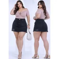 Saia Jeans Curta Plus Size Preta Cintura Alta Destroyed 46 ao 52 Moda Atual
